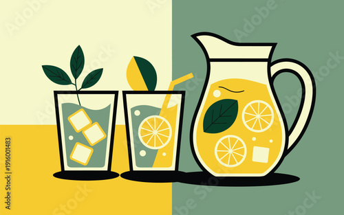 Lemonade vector illustration with pitcher and glasses on colorful background