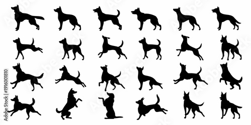 Silhouette of multiple small dogs in various poses creating a playful and dynamic pattern