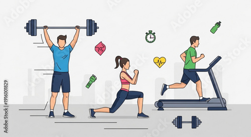 People exercising with dumbbells running on treadmill and stretching in gym