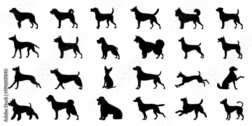 Silhouette collection of various dog breeds displayed in a grid pattern on a white background