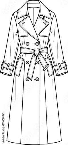 Double Breasted Trench Coat Vector Template Blank Technical Fashion Illustration of a Women’s Long Belted Overcoat with Lapels and Pockets