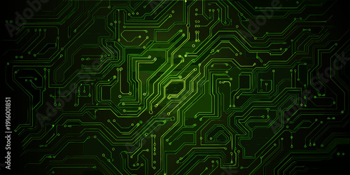 Abstract green circuit board background with intricate pathways and glowing connections