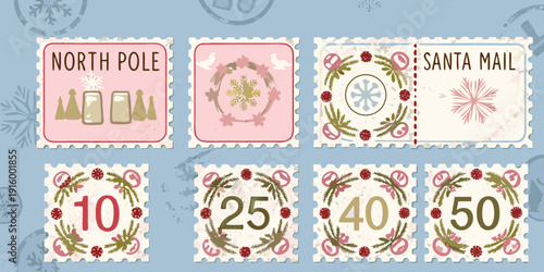 Festive postage stamps featuring north pole imagery snowflakes and numbers in a holiday design