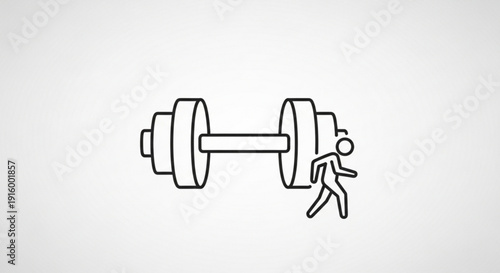 Stick figure running with heavy dumbbell symbolizing hard work and fitness challenge