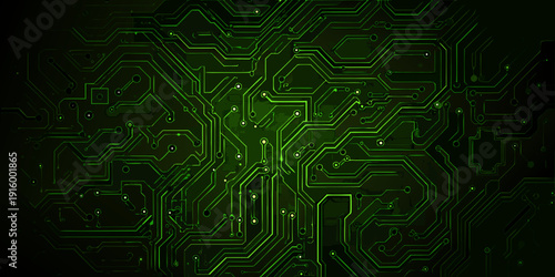 Abstract green circuit board background with glowing lines and hexagonal shapes forming a complex network