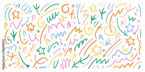 Colorful doodles and hand drawn symbols scattered across a white background playful and whimsical