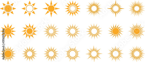 Orange sun icon collection vector set with radiant summer sunshine symbols isolated illustration