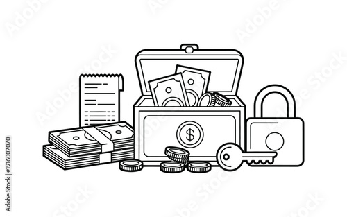Wallet icon with money, key and padlock, secure finance illustration