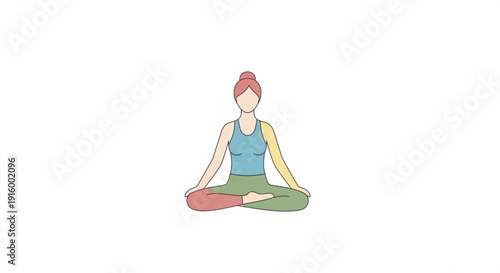 Woman in blue top and green pants sitting in lotus yoga pose meditation