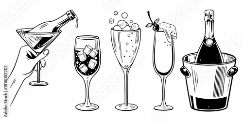 Black and white illustration depicting champagne being poured into various glasses and a bucket