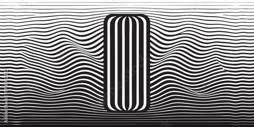 Abstract black and white image featuring a vertical letter i within wavy repeating lines