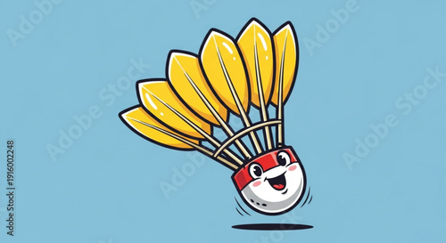 Smiling Shuttlecock with Yellow Feathers Flying on Blue Background