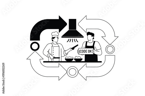 Programmer and chef working together in a kitchen vector illustration