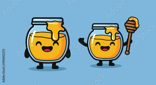 Honey Jars with Smiling Faces and Honey Dipper.