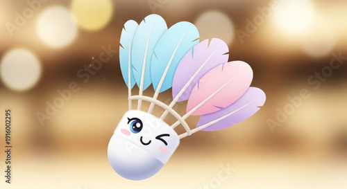 Smiling Cartoon Shuttlecock with Kawaii Face Isolated on Golden Bokeh Background