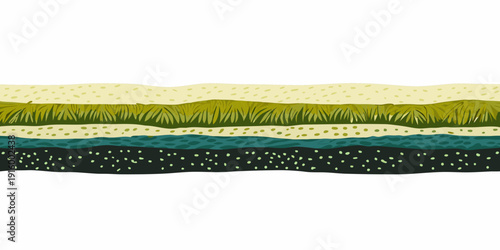 Abstract geological layers illustration featuring various textures and shades of green black and beige