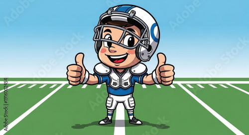 Cartoon American Football Player Giving Thumbs Up on Green Field
