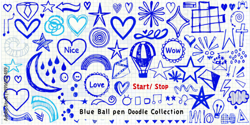 Blue pen doodle collection featuring hearts stars rainbows and various whimsical hand drawn illustrations