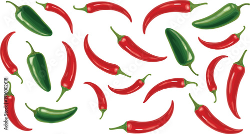 Red and green chili pepper collection vector illustration with spicy jalapeno and hot pepper set