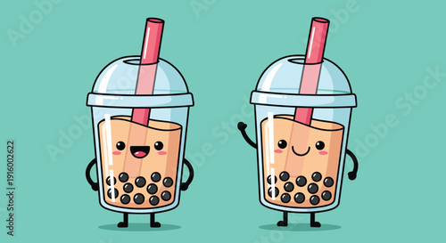 Cartoon Bubble Tea Cups with Smiling Faces.