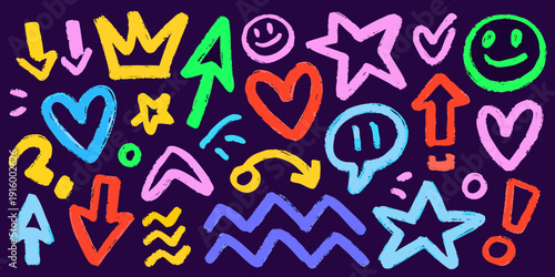Colorful doodle illustration featuring various icons and symbols on a dark purple background