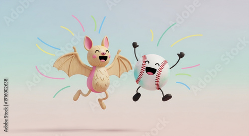 Cartoon Bat and Toilet Dancing on Pink Background with Confetti