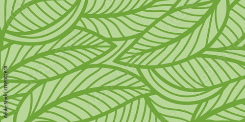 Seamless pattern of green leaves with flowing curved lines creating a natural organic design