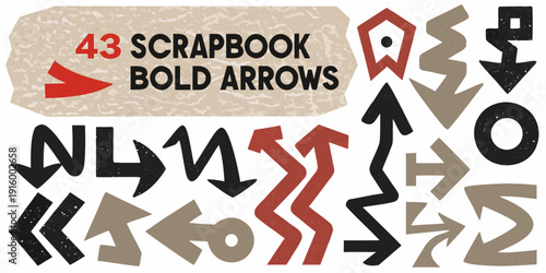 Scrapbook page design featuring bold arrows letters and abstract shapes in a playful style