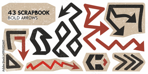 Abstract scrapbook design featuring bold arrows in various sizes and colors against a neutral background