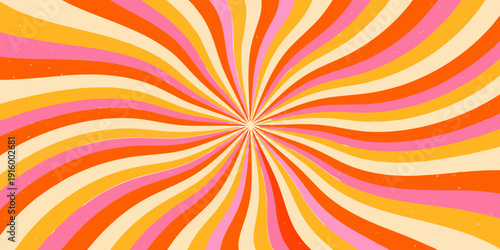 Abstract radial design with swirling orange pink and yellow stripes emanating from a central point