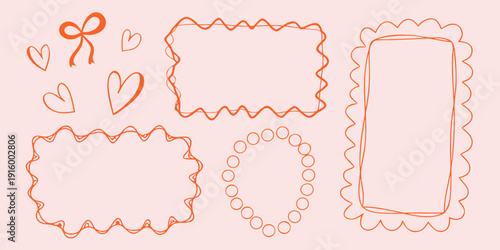 Hand drawn doodle elements including hearts frames and a string of beads in a coral hue