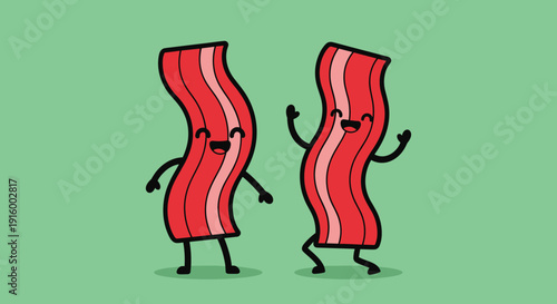 Two Cartoon Bacon Strips Dancing Together.