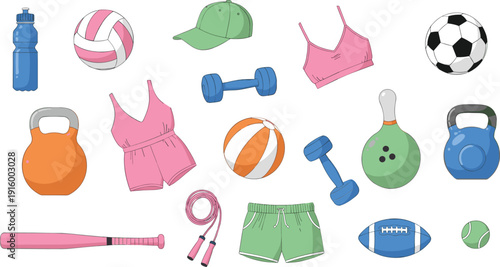 Sports equipment and fitness gear vector set with balls weights apparel and workout accessories illustration