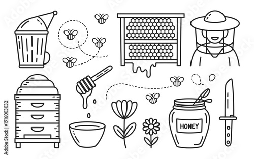 Bee vector illustration with honey and beekeeper equipment