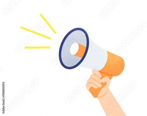キャンペーンやセールの告知。メガホンを持つ人の手と強調線のベクターイラスト素材。