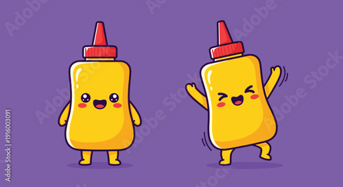Cartoon Mustard Bottles with Happy Faces.
