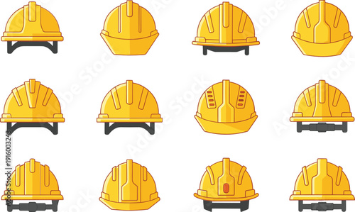 Yellow construction hard hat collection vector set with safety helmet icons isolated illustration