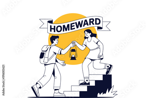 Homeward bound illustration of a man and woman helping each other