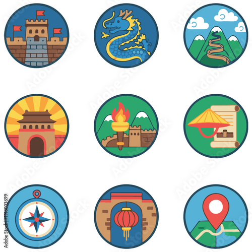 Collection of flat design icons representing Chinese culture and popular travel destinations Includes symbols like the Great Wall dragon temple lantern and compass