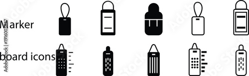 Marker board hanging pad icon set, vector flip chart paper pad with dry erase marker icons, presentation board sheet isolated on transparent background, office and classroom stationery design elements