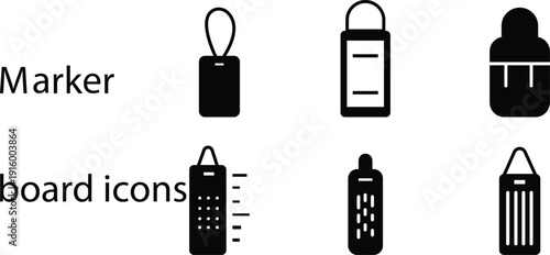 Marker board hanging pad icon set, vector flip chart paper pad with dry erase marker icons, presentation board sheet isolated on transparent background, office and classroom stationery design elements