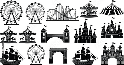 Amusement park silhouettes collection with ferris wheel castle ship, carnival cad drawing flat vector illustration isolated on white