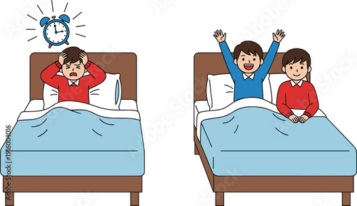 Children Waking Up in Bed Morning Routine Concept Cartoon Vector Illustration with Alarm Clock and Happy Kids