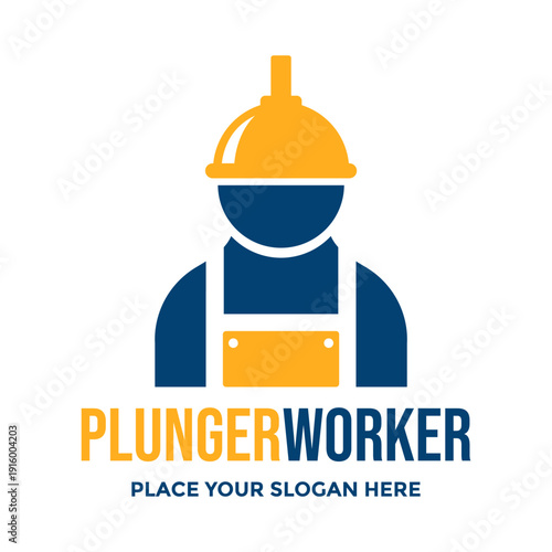 A creative vector logo featuring a plunger integrated with a construction worker, suitable for plumbing services and maintenance companies.