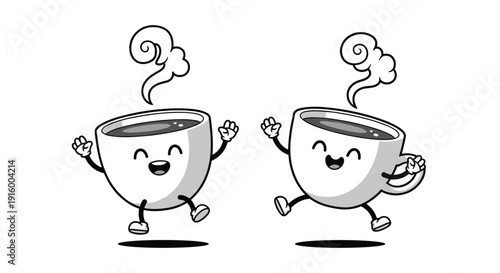 Cartoon Coffee Cups Dancing with Steam.