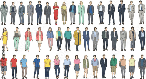 Diverse business people and casual men women collection, fashion outfit characters cad drawing flat vector illustration isolated on white