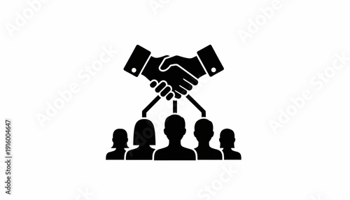 Black silhouette illustration of people with hands shaking above them, symbolizing social justice and equality on World Day of Social Justice, with a building and tree in the background.