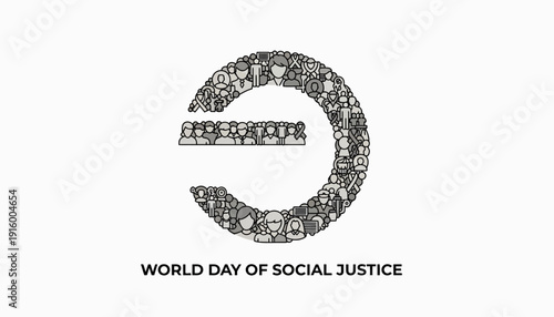 Vector illustration of a diverse group of people forming an equal sign on World Day of Social Justice, promoting gender equality and access to social welfare with a black silhouette design.