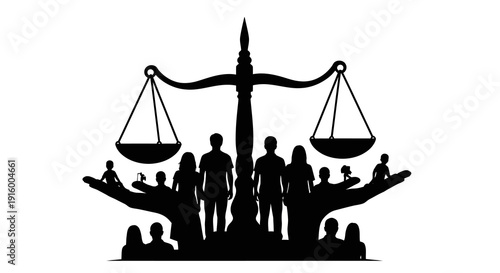 Black silhouette illustration of people of different ages and genders standing under a balance scale with a building and tree in the background, symbolizing social justice, equality, and