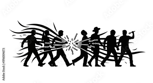 Black silhouette illustration of people shaking hands and working together in a symbolic gesture of social justice and gender equality on World Day of Social Justice with a building and